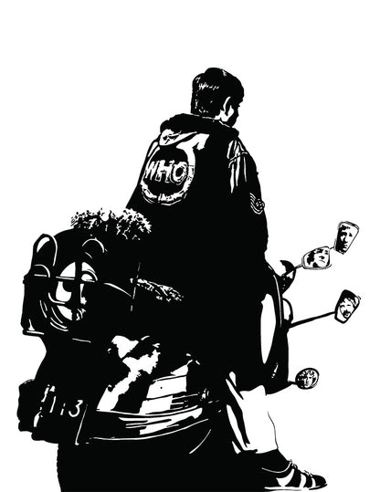 black and white digital illustration of jimmy on his scooter from the who's quadrophenia album cover