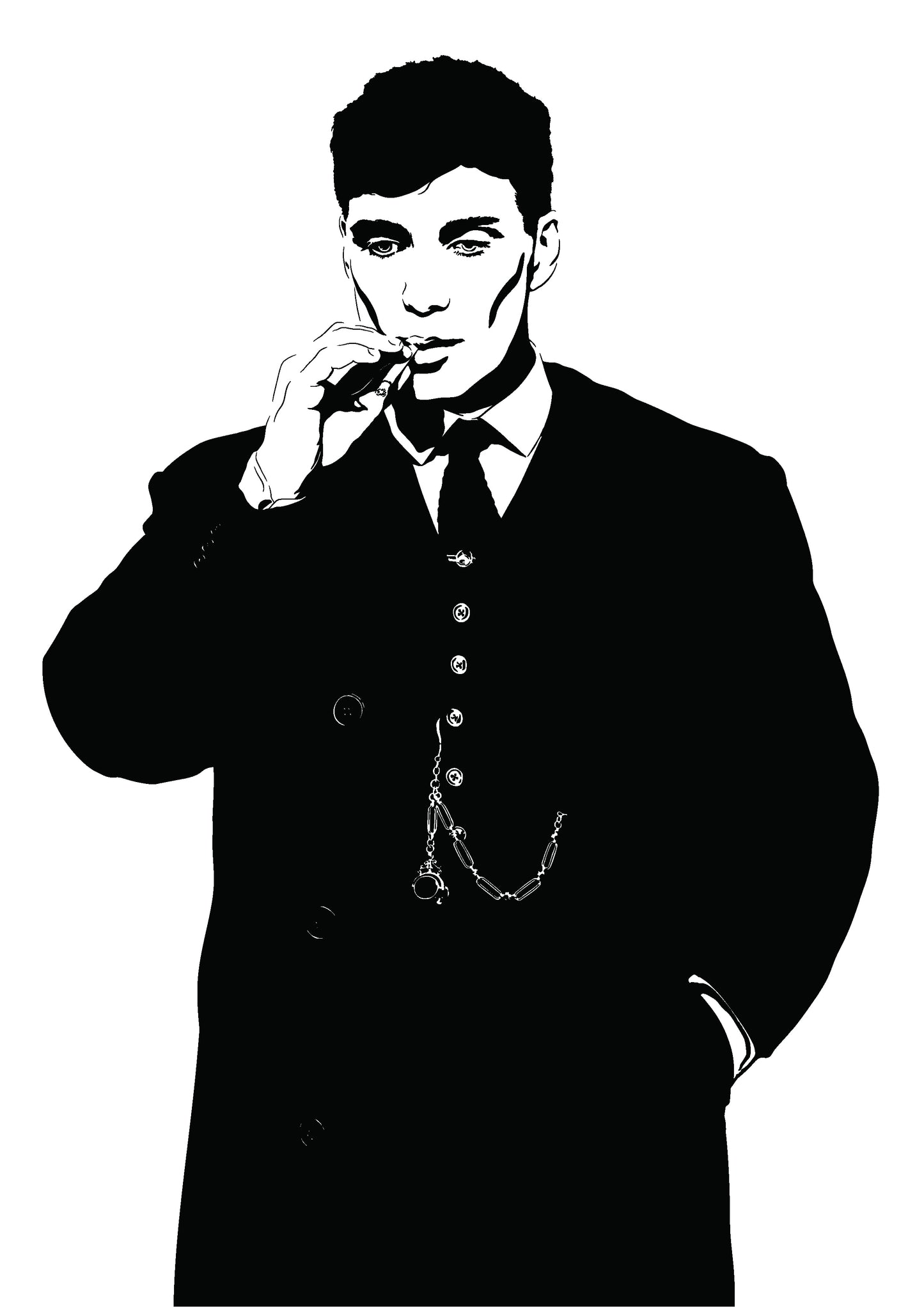 black and white digital illustration thomas shelby played by Cillian murphy smoking a cigarette in a suit and trenchcoat