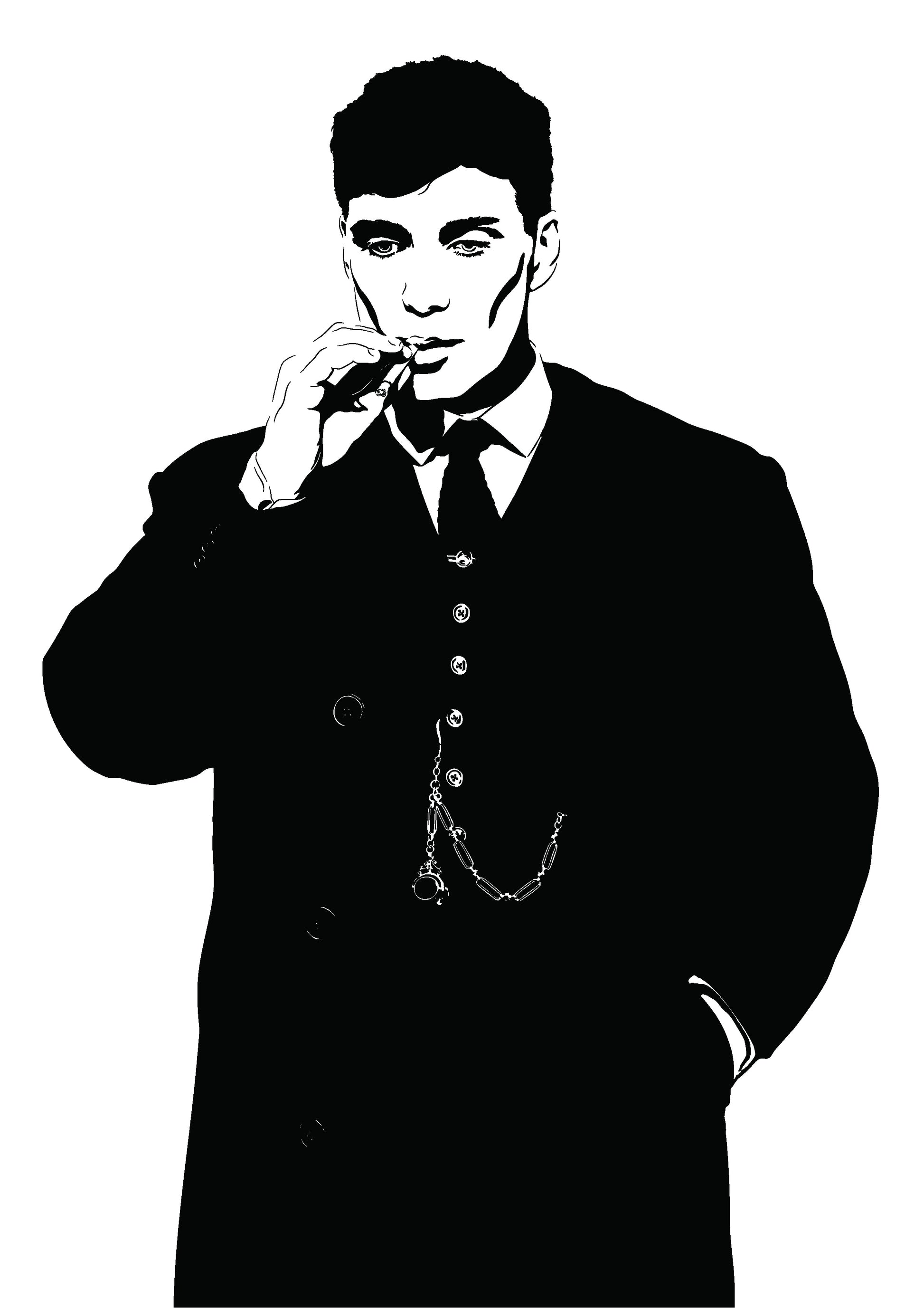 black and white digital illustration thomas shelby played by Cillian murphy smoking a cigarette in a suit and trenchcoat
