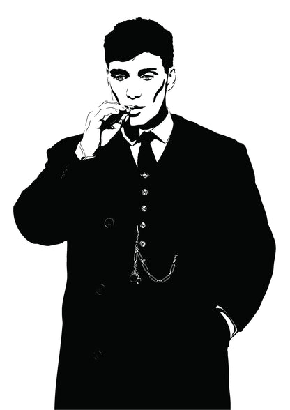 black and white digital illustration thomas shelby played by Cillian murphy smoking a cigarette in a suit and trenchcoat