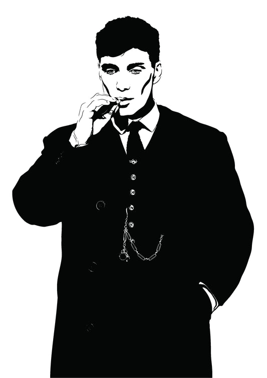black and white digital illustration thomas shelby played by Cillian murphy smoking a cigarette in a suit and trenchcoat