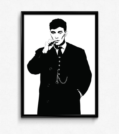 black and white digital illustration thomas shelby played by Cillian murphy smoking a cigarette in a suit and trenchcoat framed art print on the wall