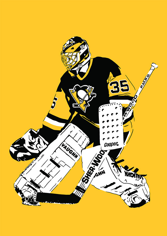 art print of tom barrasso pittsburgh penguins goalie lineart with gold background poster stylized