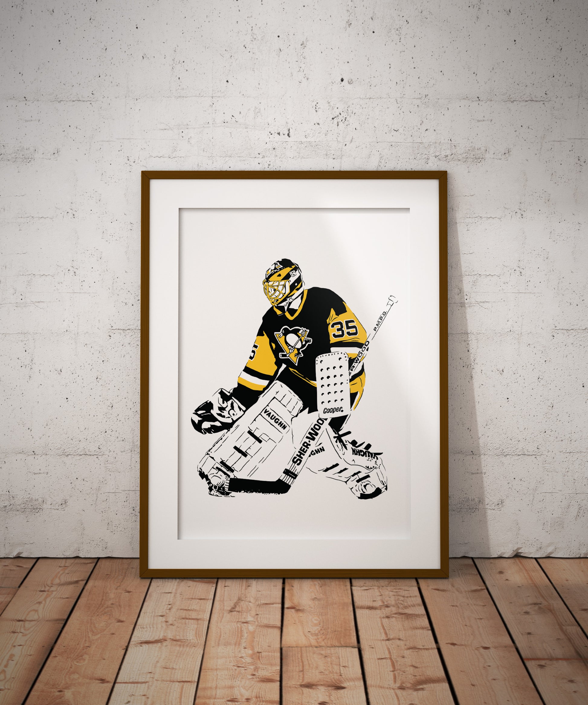 art print of tom barrasso pittsburgh penguins goalie lineart with white background framed poster stylized