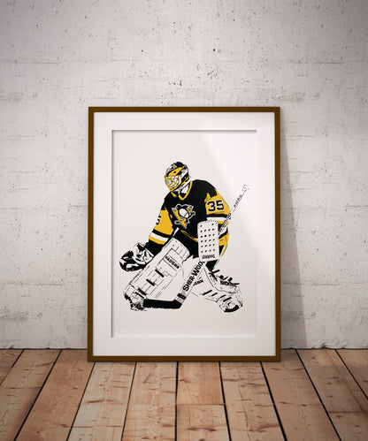 art print of tom barrasso pittsburgh penguins goalie lineart with white background framed poster stylized