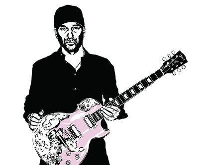 black and white digital illustration of tom morello playing guitar with a pink guitar