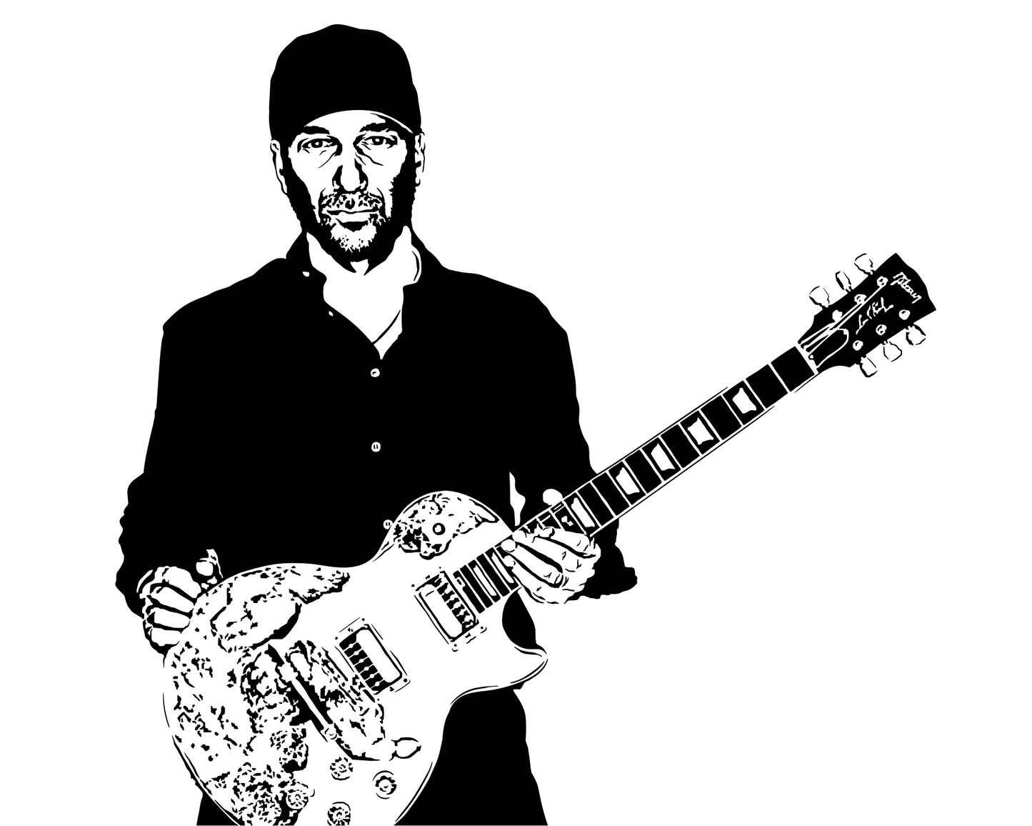 black and white digital illustration of tom morello playing guitar with a guitar