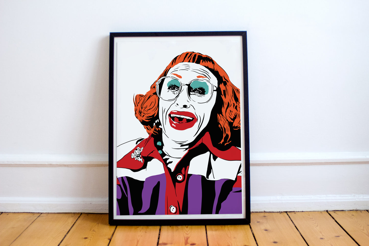 digital illustration of aunt gladys from the 2025 film Weapons framed print on the floor