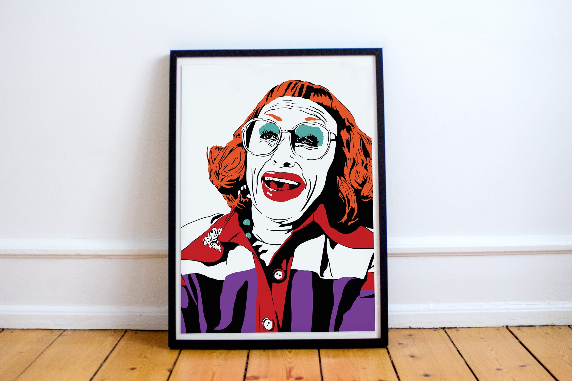 digital illustration of aunt gladys from the 2025 film Weapons framed print on the floor