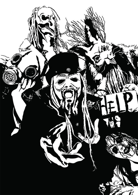 black and white illustration of wyatt sicks sick6 wwe wrestling stable with mr howdy