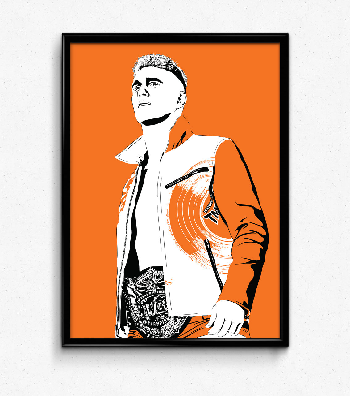 zach sabre jr illustration njpw championship belt orange background and color theme framed art print poster