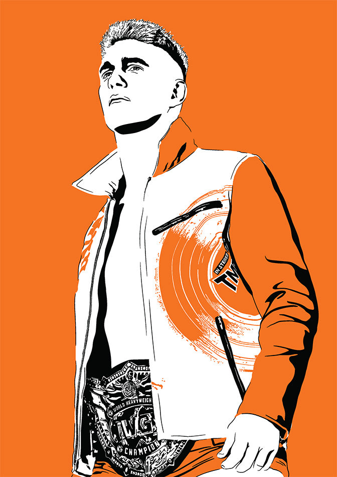 zach sabre jr illustration njpw championship belt orange background and color theme