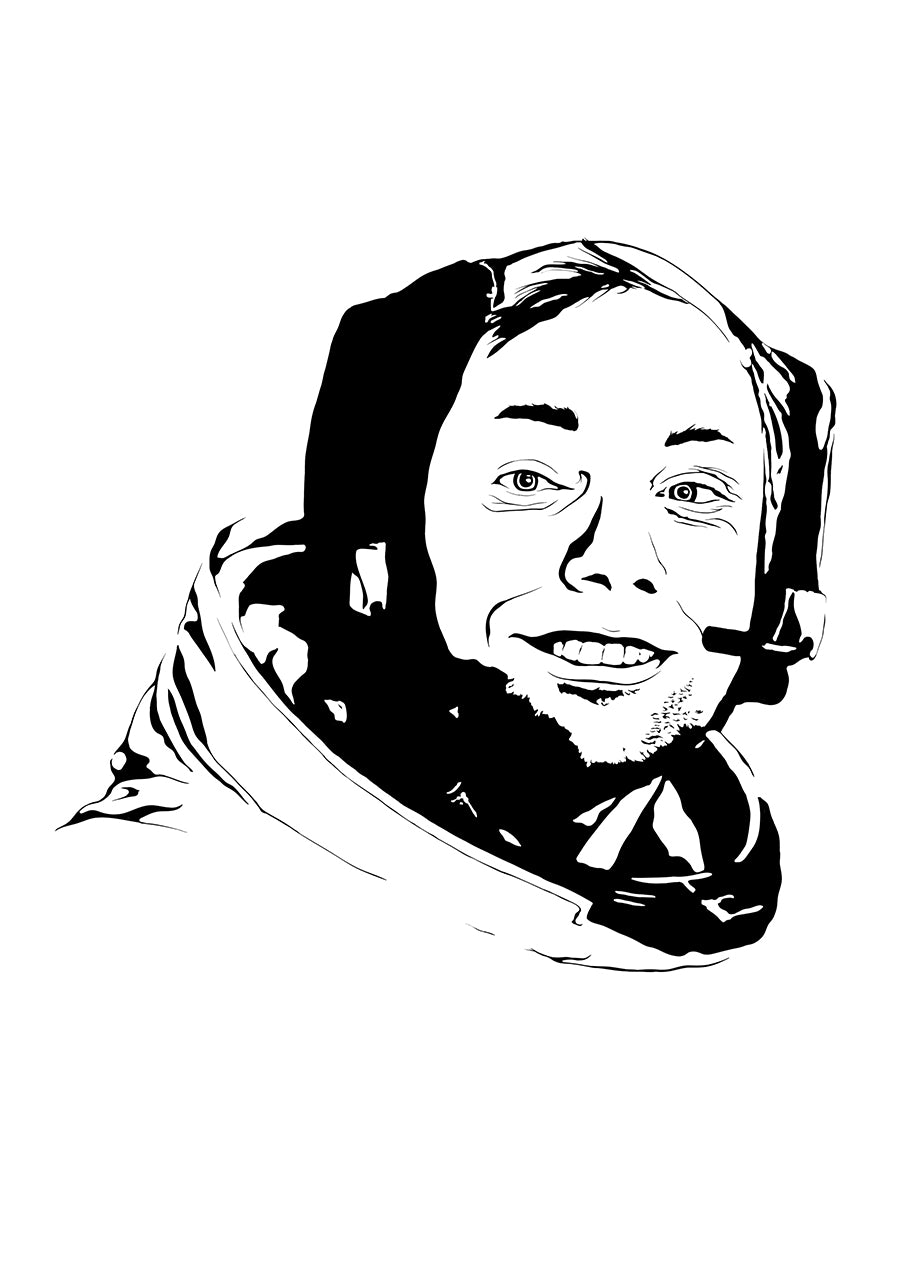 black and white digital illustration of neil armstrong in his apollo 11 astronaut spacesuit and helmet