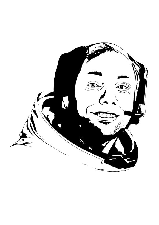 black and white digital illustration of neil armstrong in his apollo 11 astronaut spacesuit and helmet