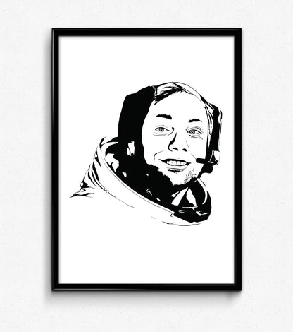 black and white digital illustration of neil armstrong in his apollo 11 astronaut spacesuit and helmet framed poster print