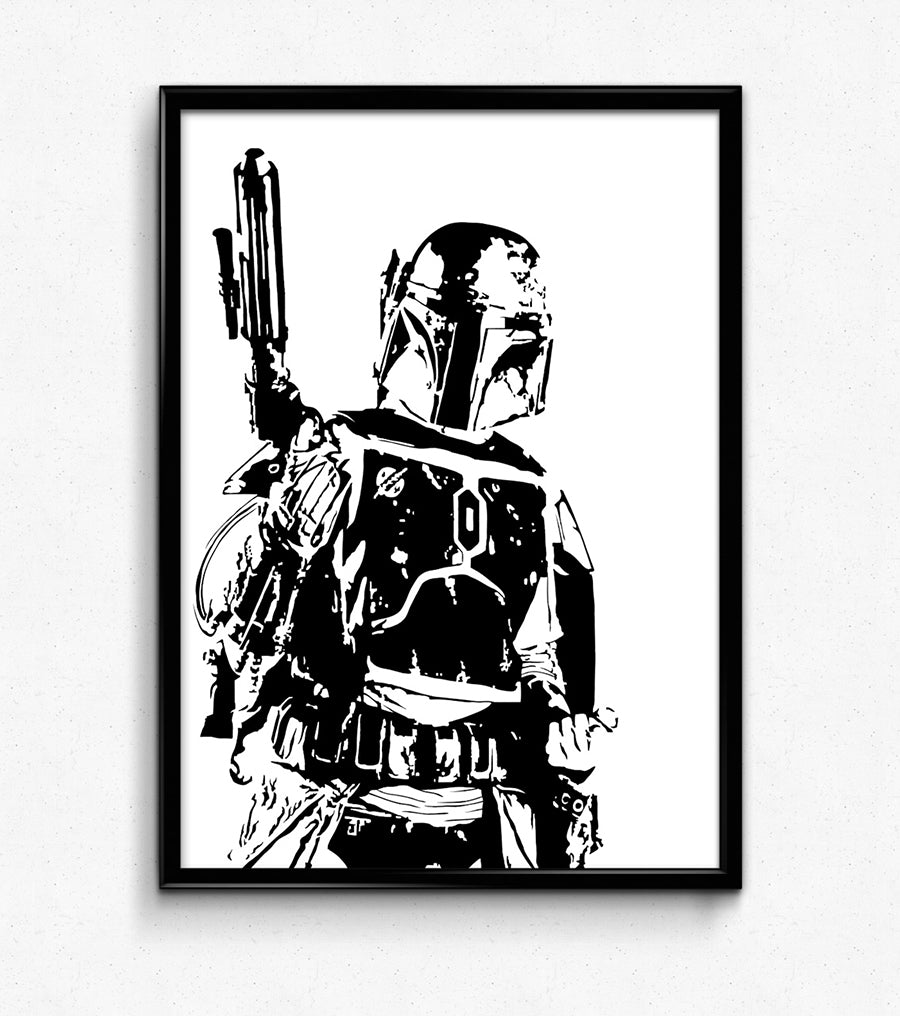 black and white digital illustration of star wars mercenary boba fett in his armor and helet holding a blaster, framed art print