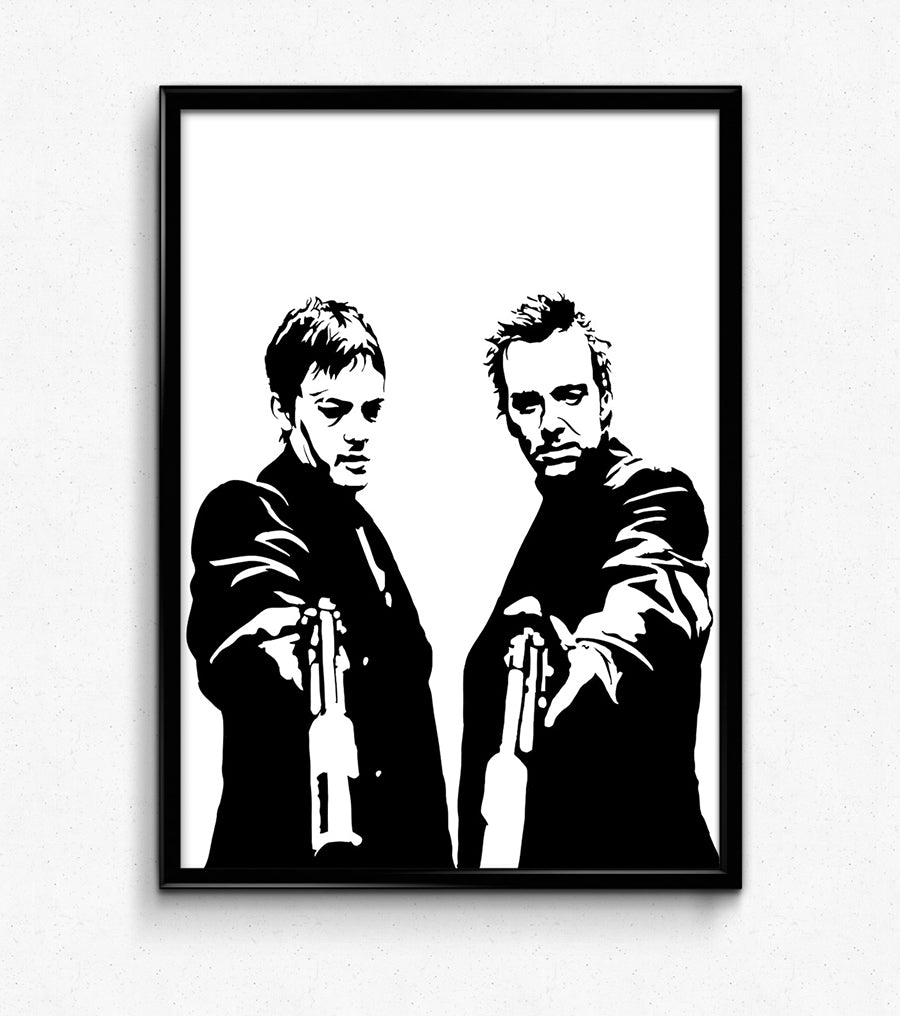 black and white digital illustration of connor and murphy macmanus from the boondock saints framed poster