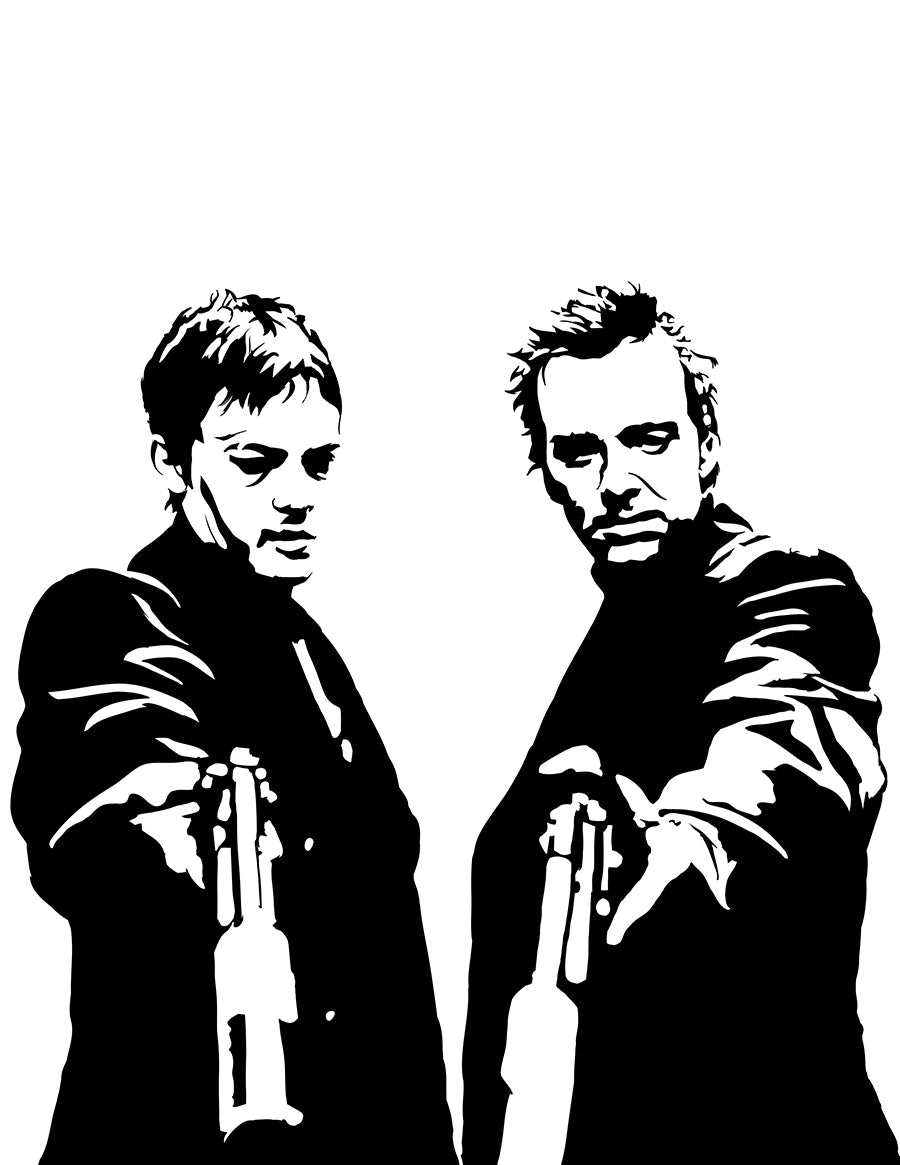 black and white digital illustration of connor and murphy macmanus from the boondock saints