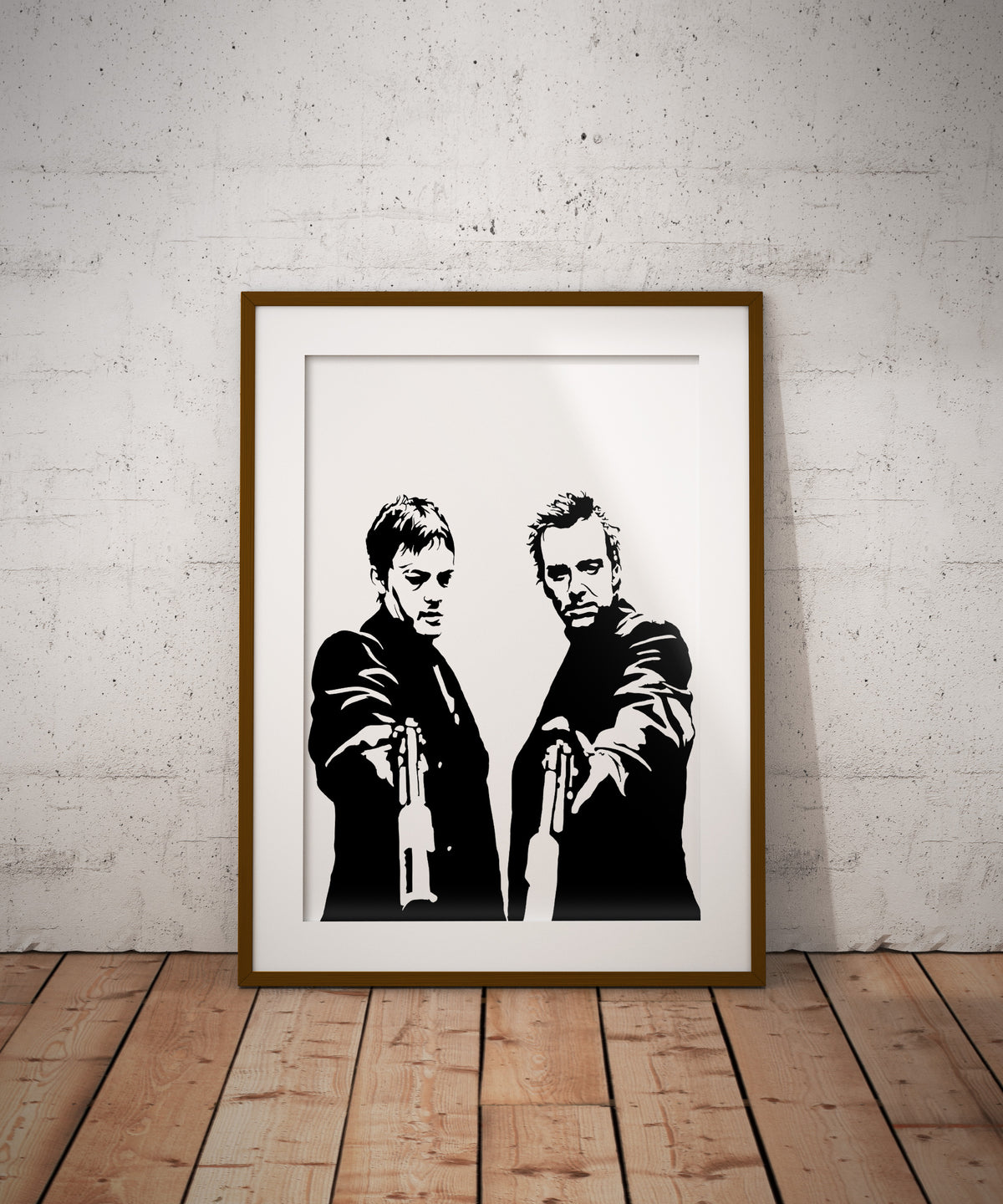 black and white digital illustration of connor and murphy macmanus from the boondock saints framed print