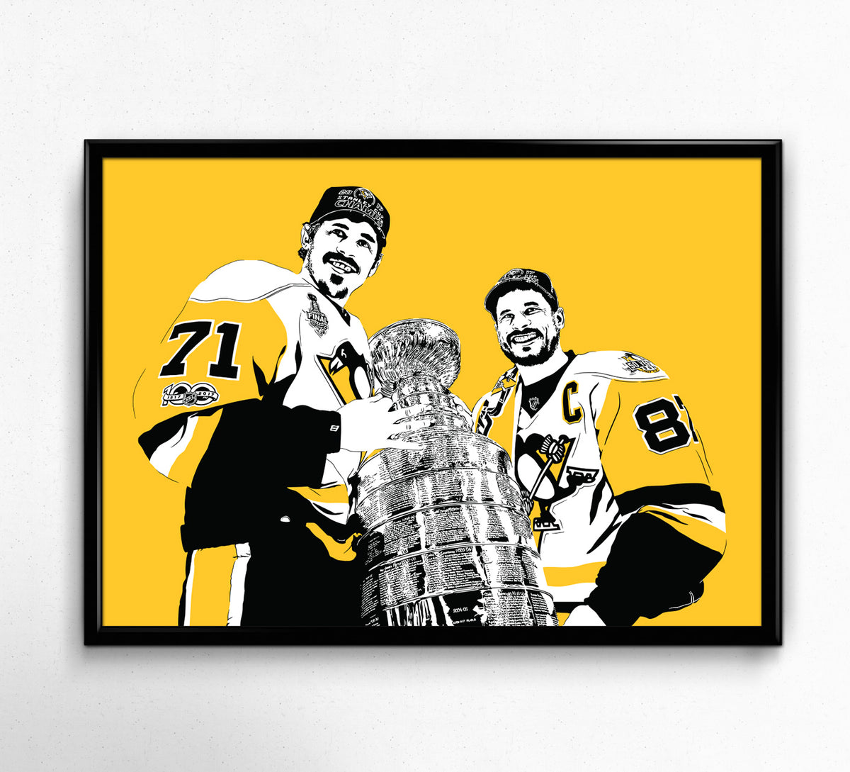 evgeni malkin and sidney crosby poster art print with pair holding the stanley cup during 2017 championship win with gold background framed print