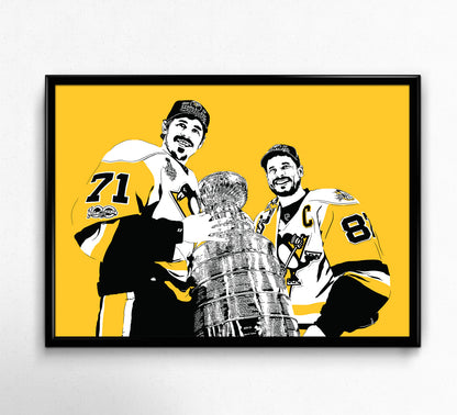 evgeni malkin and sidney crosby poster art print with pair holding the stanley cup during 2017 championship win with gold background framed print