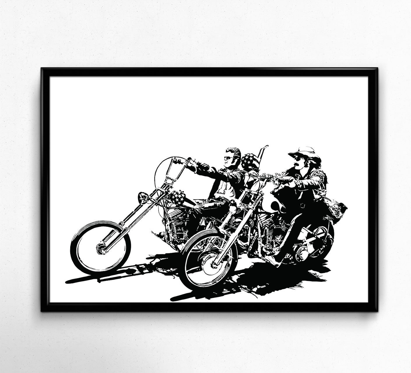 minimalist black and white digital illustration of peter fonda and dennis hopper riding harley-davidson motorcycles in the american classic film Easy Rider, framed art print
