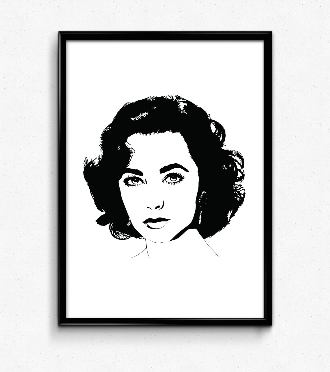 minimalist black and white digital illustration portrait of elizabeth taylor, framed art print