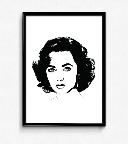 minimalist black and white digital illustration portrait of elizabeth taylor, framed art print