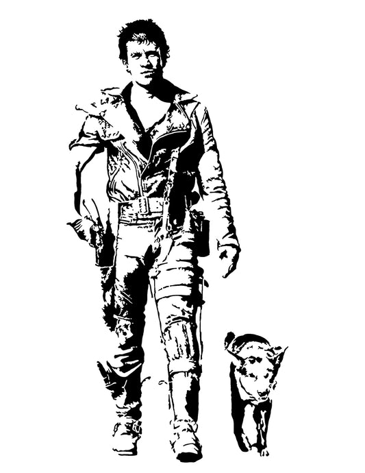 black and white digital illustration of mad max the road warrior with his dog companion