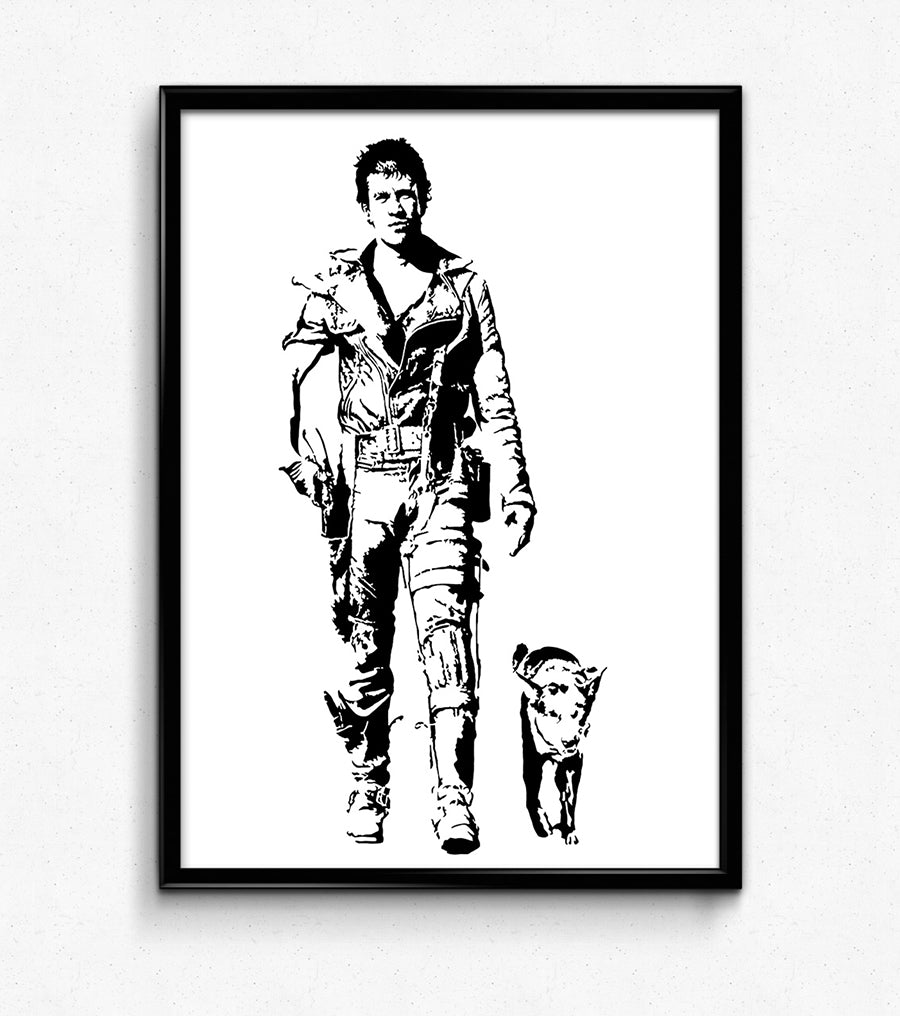 black and white digital illustration of mad max the road warrior with his dog companion framed print