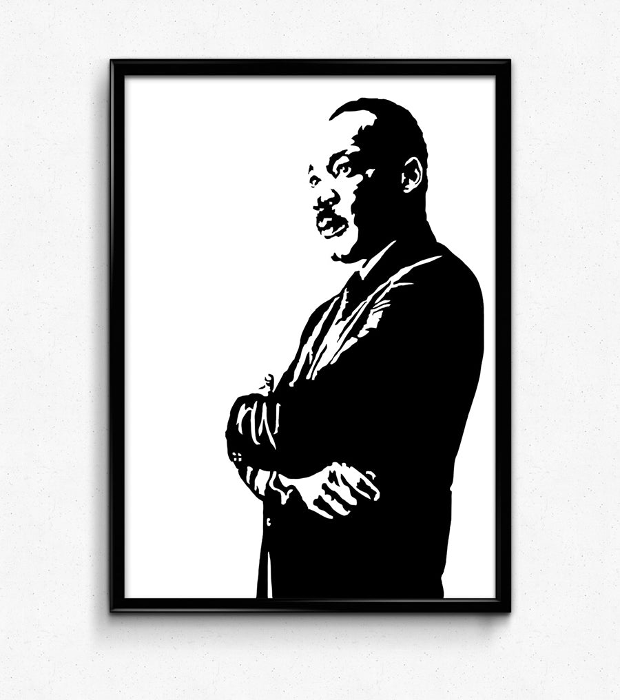 black and white digital illustration portrait of martin luther king jr with arms crossed framed print