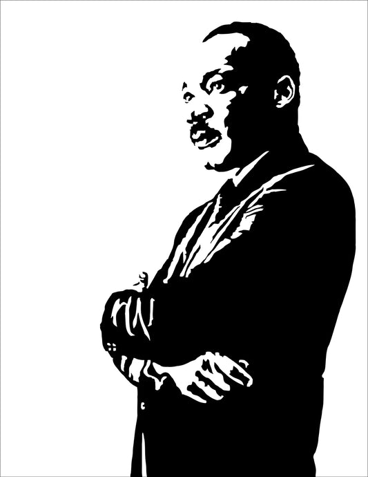 black and white digital illustration portrait of martin luther king jr with arms crossed