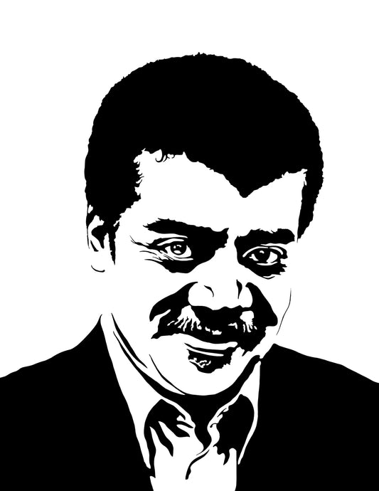 black and white digital illustration portrait of neil degrasse tyson 