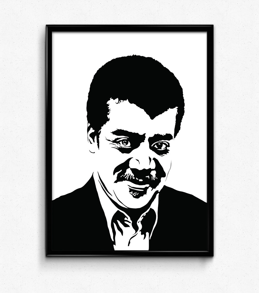 black and white digital illustration portrait of neil degrasse tyson framed art print