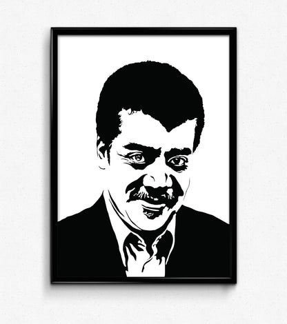 black and white digital illustration portrait of neil degrasse tyson framed art print