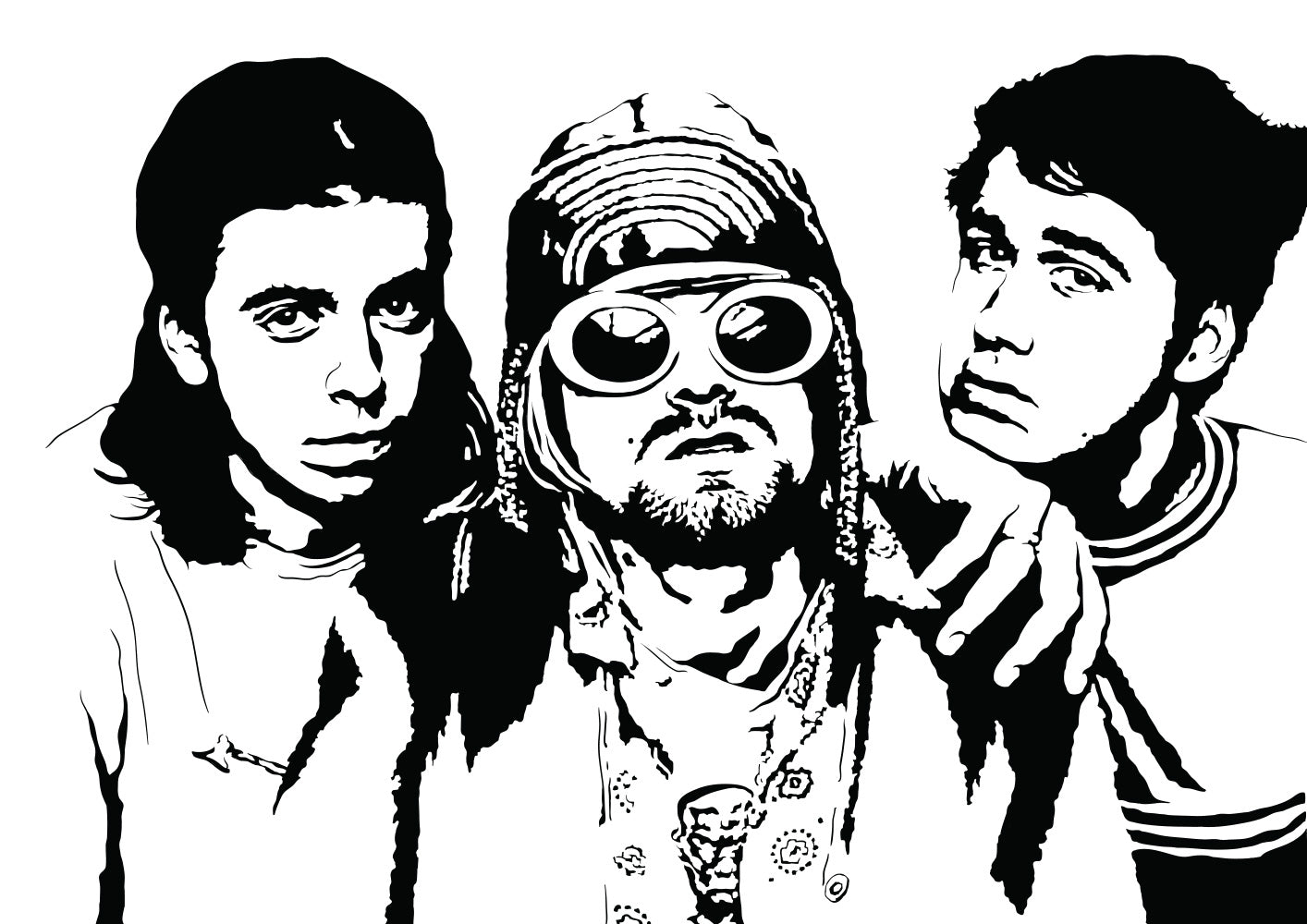 black and white digital illustration of nirvana band members kurt cobain, dave grohl, and krist novoselic