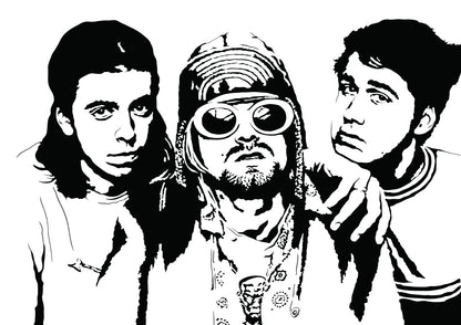 black and white digital illustration of nirvana band members kurt cobain, dave grohl, and krist novoselic