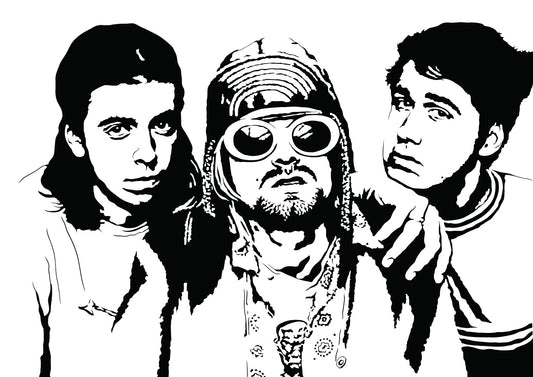 black and white digital illustration of nirvana band members kurt cobain, dave grohl, and krist novoselic