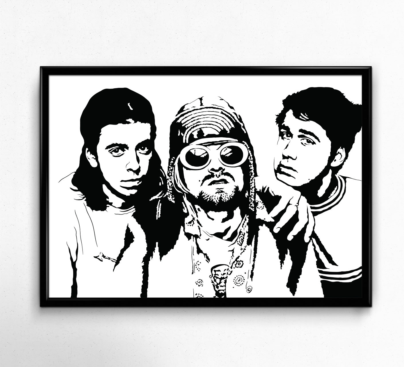 black and white digital illustration of nirvana band members kurt cobain, dave grohl, and krist novoselic framed print