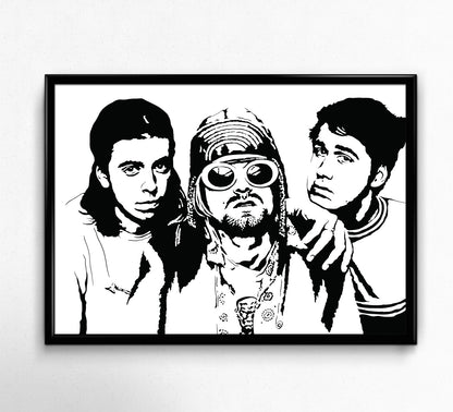 black and white digital illustration of nirvana band members kurt cobain, dave grohl, and krist novoselic framed print