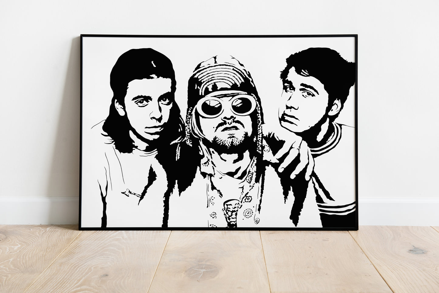 black and white digital illustration of nirvana band members kurt cobain, dave grohl, and krist novoselic framed poster
