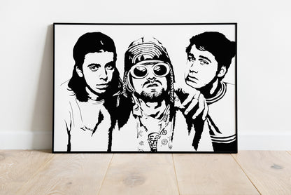 black and white digital illustration of nirvana band members kurt cobain, dave grohl, and krist novoselic framed poster