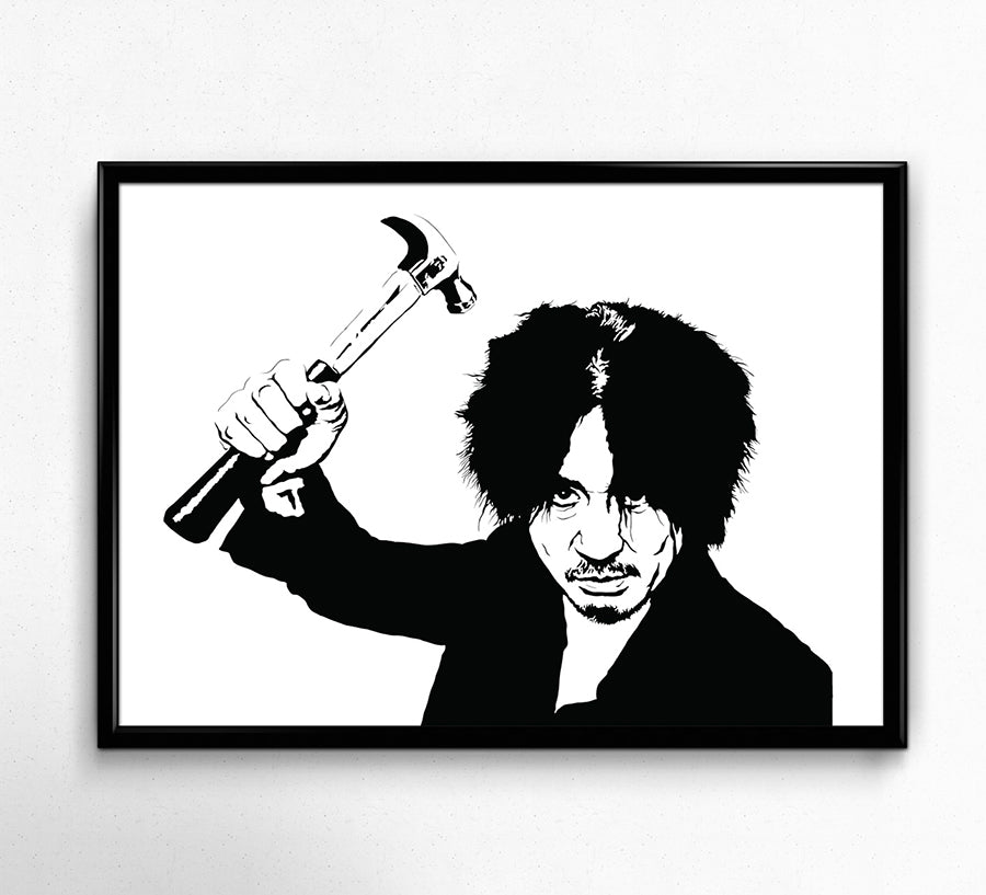 digital minimalist stencil illustration of oh dae-su from oldboy holding a hammer, framed art print