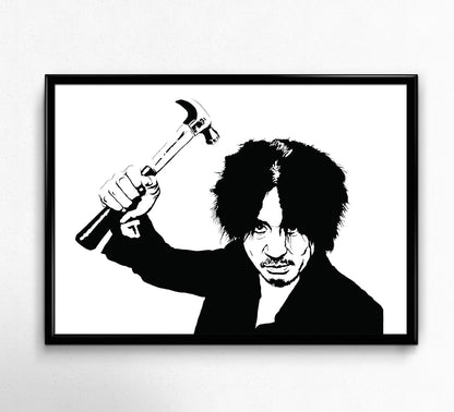 digital minimalist stencil illustration of oh dae-su from oldboy holding a hammer, framed art print