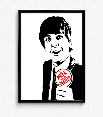 digital illustration of paul mccartney holding a pin that says to hell with the beatles, pin text colored red framed print