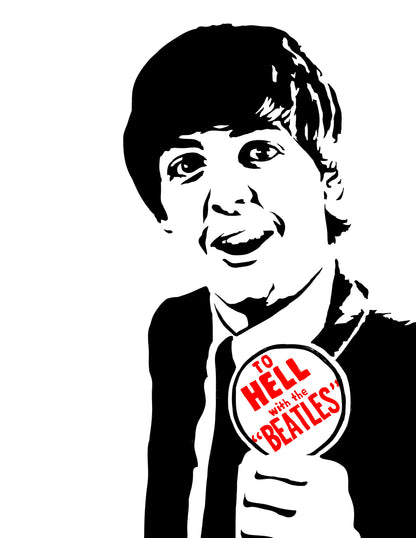 digital illustration of paul mccartney holding a pin that says to hell with the beatles, pin text colored red