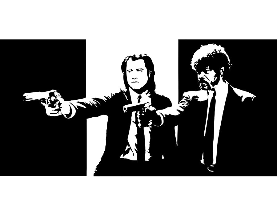 black and white digital illustration of jules and vincent from pulp fiction pointing pistols in a shootout scene