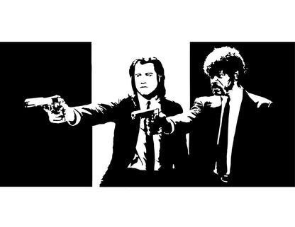black and white digital illustration of jules and vincent from pulp fiction pointing pistols in a shootout scene