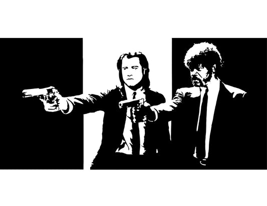 black and white digital illustration of jules and vincent from pulp fiction pointing pistols in a shootout scene