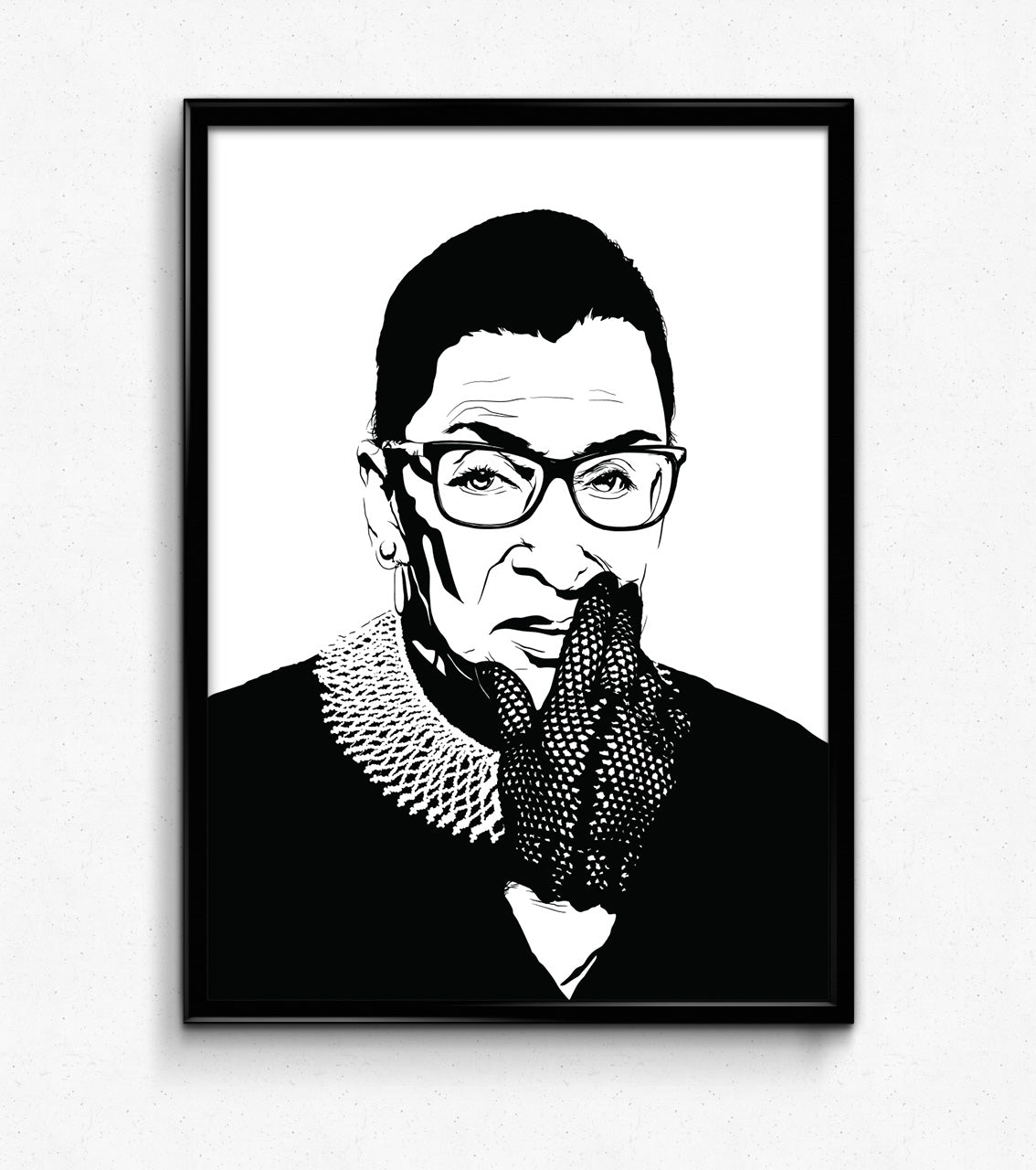black and white digital illustration portrait of ruth bader ginsburg with lace glove framed poster